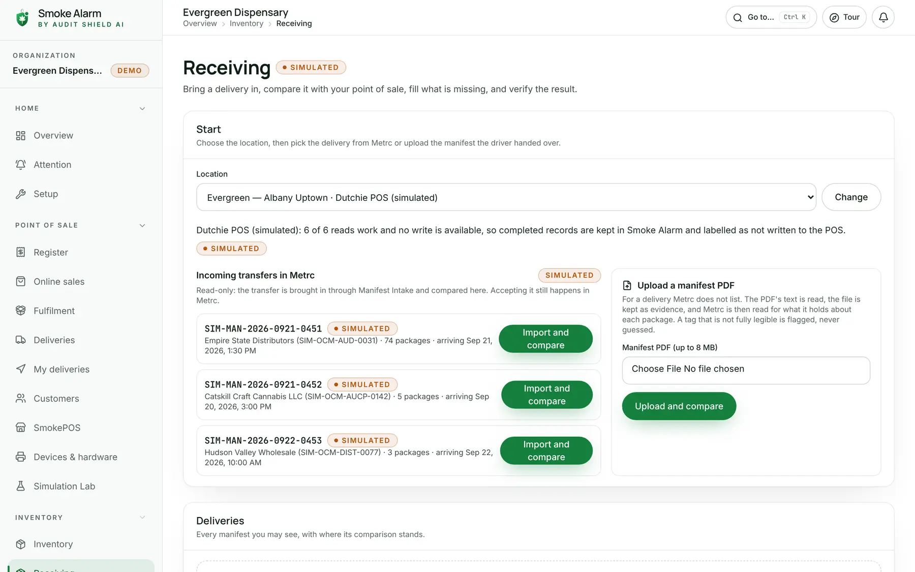 The Receiving screen: incoming transfers in Metrc with Import and compare buttons, and a manifest PDF upload